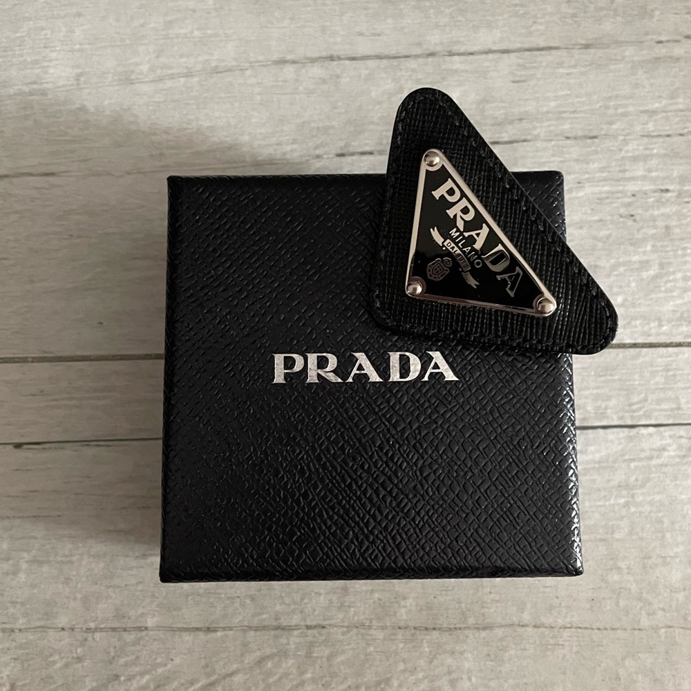 Pre-owned Prada Saffiano Black Leather & Enamel Pin Brooch 🖤